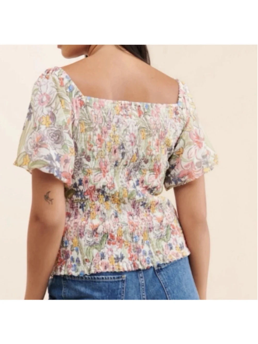 Anthropologie Aurelia Smocked Floral Puff Sleeve Top L Boho Fairycore Cottage